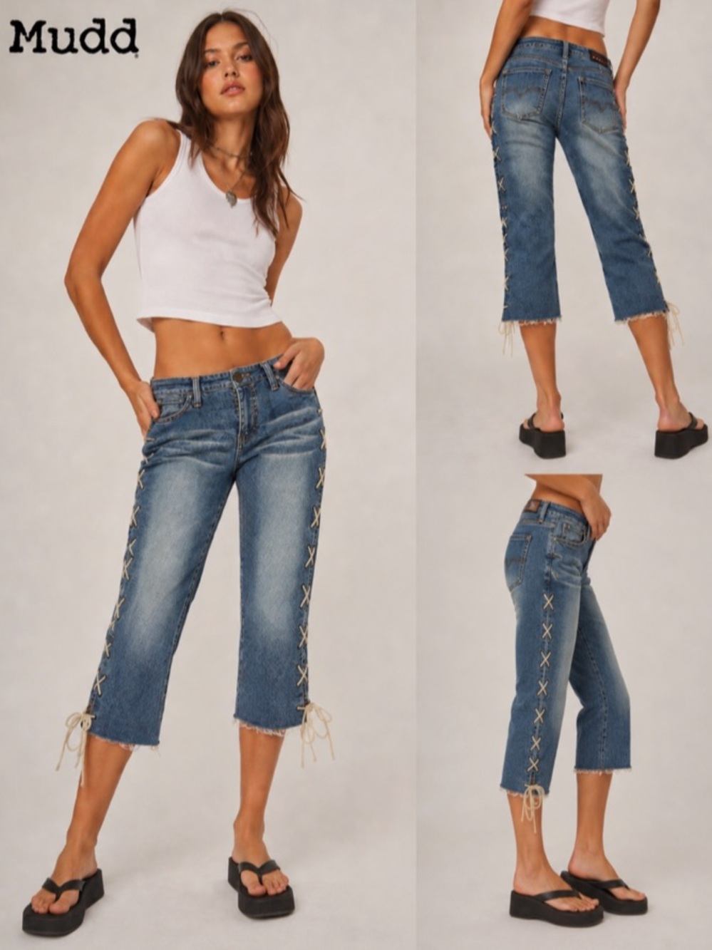 Vintage Y2K Mudd Lace Up Side Denim Capri Jeans Low Rise Raw Hem Mall McBling 2